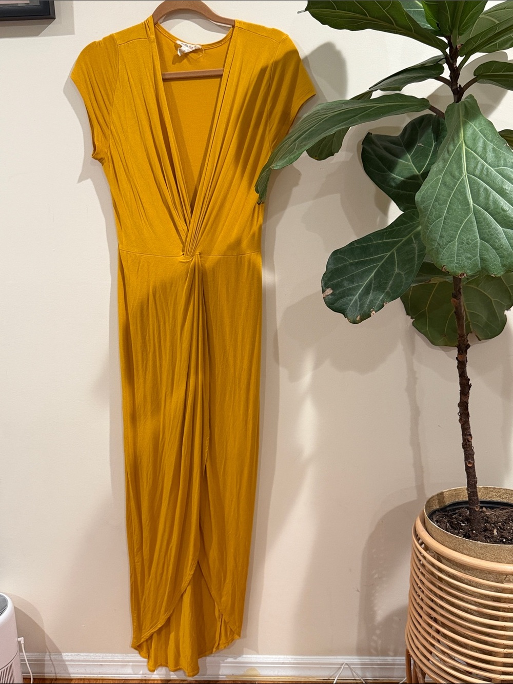 Women's sexy plunge neck Mustard Yellow Wrap Front Maxi Dress